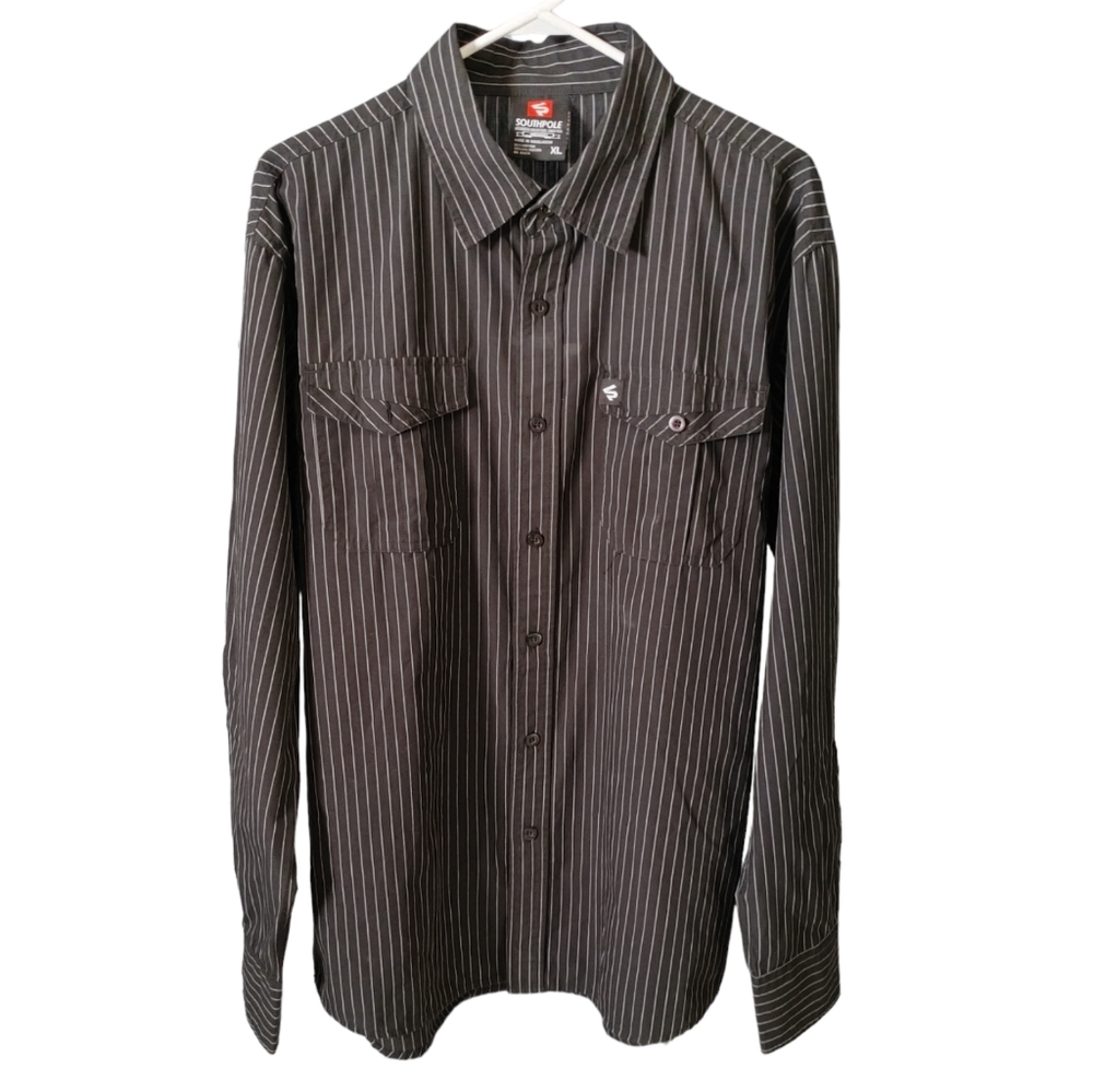 Vintage Southpole Dress Shirt Mens Size XL Black Striped Long Sleeve Button Down